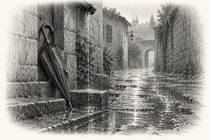 An engraving of a furled umbrella leaning shut against a wet stone step in a narrow lane, rain standing in the ruts, water running from the eaves, flat gray daylight