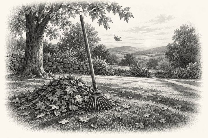 An engraving of a wooden rake standing upright in a swept lawn beside a heaped pile of leaves, one leaf drifting down, long autumn sunlight across the grass and hedge