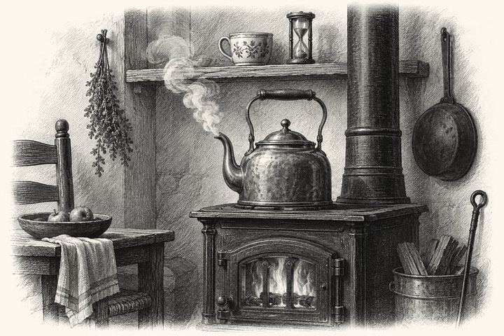 An engraving of a copper kettle on a low stove flame with the first steam curling from its spout, a cup and a small hourglass on the shelf above, firelight below