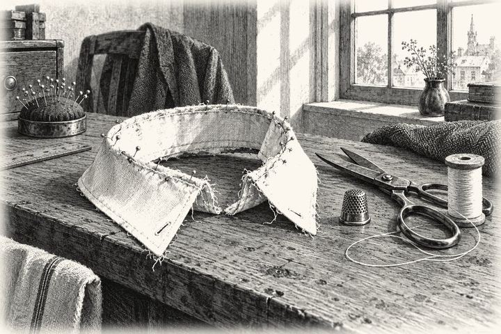 An engraving of a frayed shirt collar unpicked and pinned back reversed on a tailor's bench, scissors, thimble and a spool of thread laid out, north light from a tall window