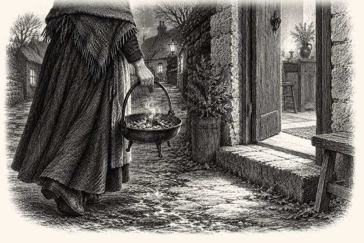 An engraving of an iron fire pan carried up to a neighbor's open doorway, one live coal glowing in its ash, warm light spilling out onto a dark lane