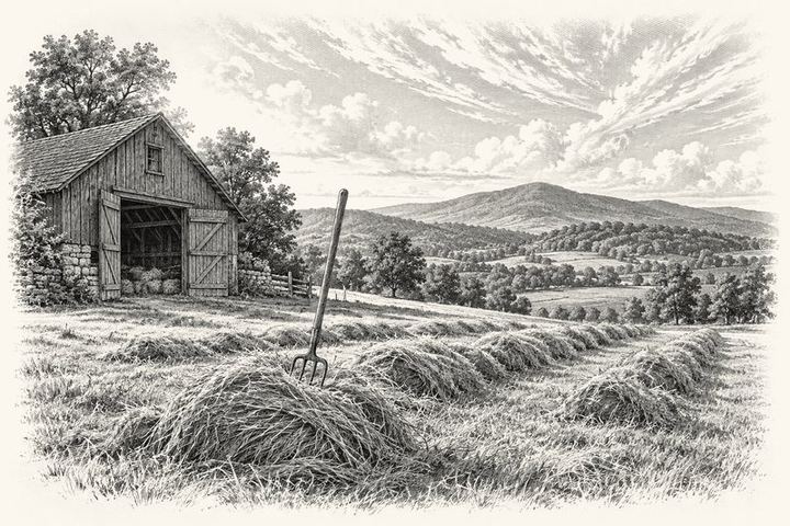 An engraving of a hay field with a pitchfork left standing in the row and a barn door open behind, high scudding clouds moving in over the ridge, clear morning sunlight