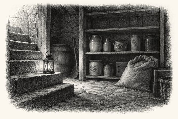 An engraving of a lantern set on the bottom cellar step, its light falling across shelves half filled with stoneware jars, a slumped grain sack and empty shelf above