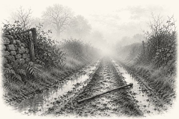 An engraving of a cart road running into thick fog and vanishing after thirty feet, a walking staff in the wet ruts, hedgerows fading gray, diffused daylight overhead