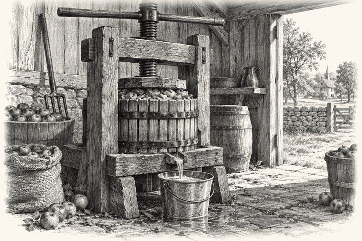 An engraving of a wooden cider press in an open shed, its screw turned down on a bed of bruised apples, juice running into a pail, daylight through the doorway