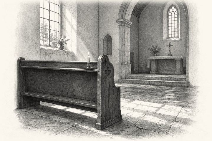 An engraving of an empty wooden pew in a plain chapel with one candle steady on its ledge, morning light falling through clear glass onto the worn stone floor
