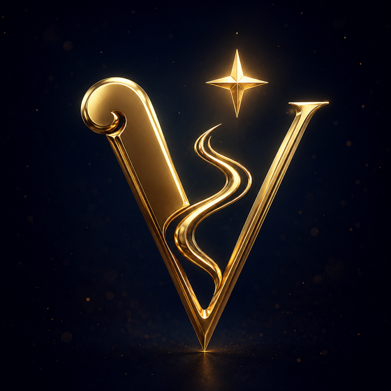 A golden letter V with a river winding through it, beneath a four-pointed star